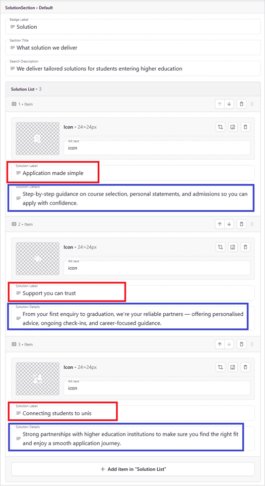 Solution section in Prismic